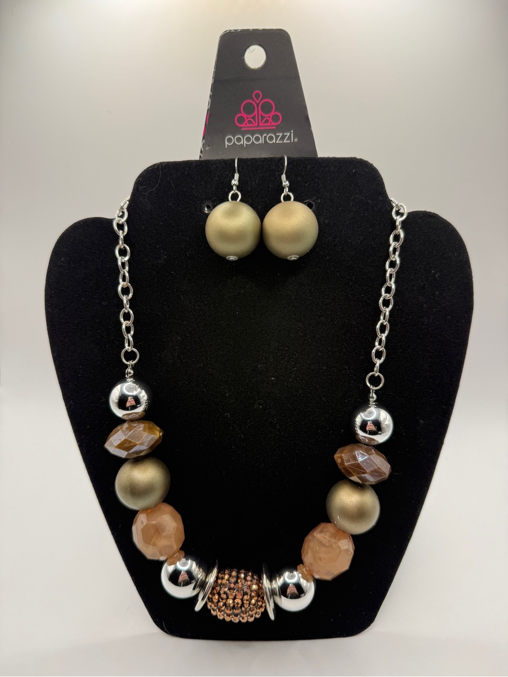 Paparazzi Gold and Brown Beaded Statement Necklace & Earrings Set